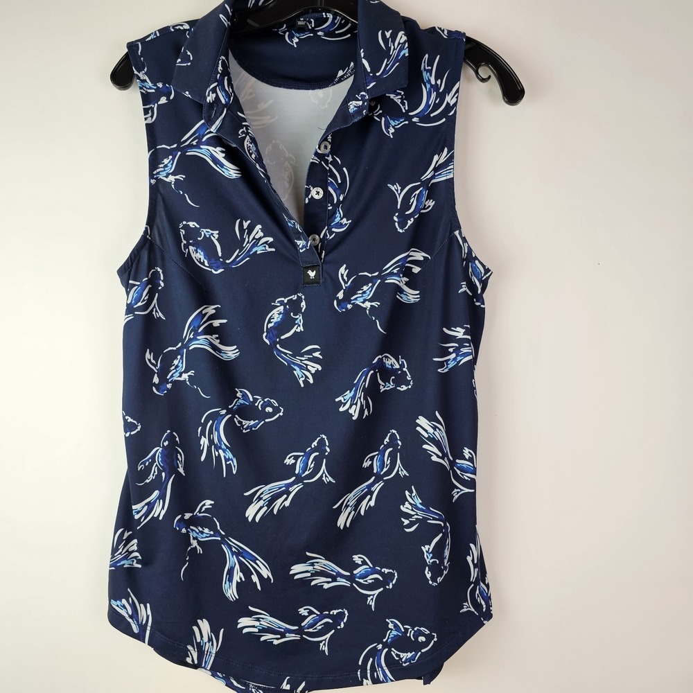 Bad Birdie Navy Blue White Koi Fish Tropical Print Sleeveless Polo Top M Golf